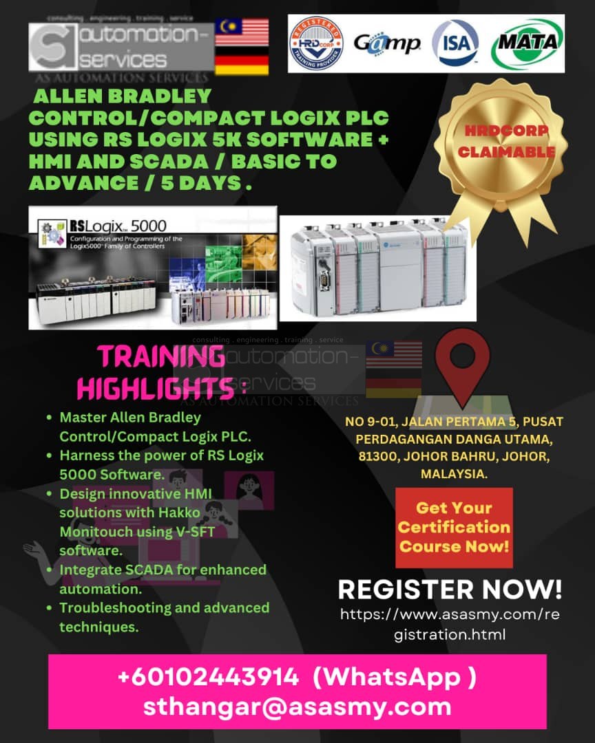 Allen Bradley Control/Compact Logix PLC using RS Logix 5k Software + HMI and SCADA / Basic to Advance / 5 Days. (Claim under HRDCorp Claimable Courses).
