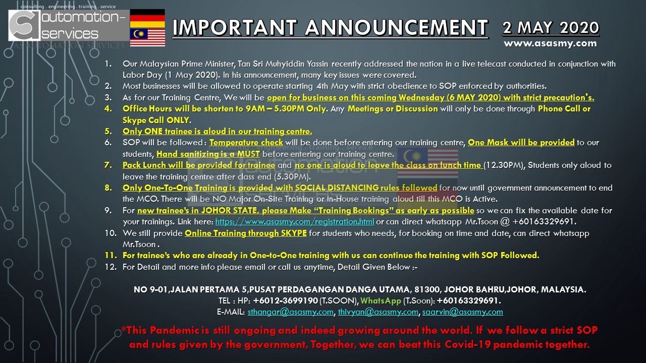 IMPORTANT ANNOUNCEMENT for Malaysian Economic Reopening on the 4th of May 2020