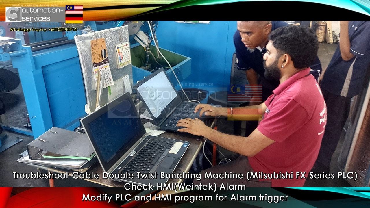 Troubleshoot Cable Double Twist Bunching Machine (Mitsubishi FX Series PLC), Check HMI(Weintek) Alarm, Modify PLC and HMI program for Alarm trigger. — training photo