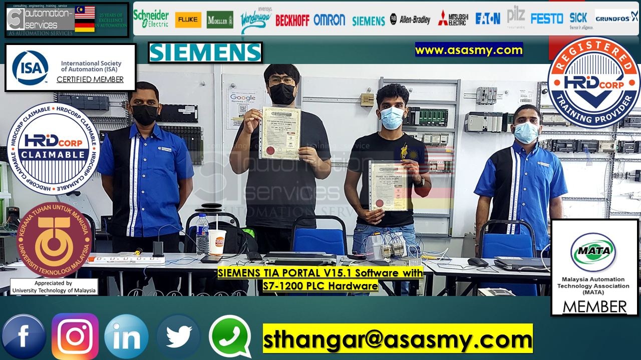 PLC , HMI , SCADA TRAINING in SIEMENS TIA PORTAL V15.1 Software with S7-1200 PLC Hardware Basic to Advance , In-House / ASASMY LAB for a company that manufactures Semiconductors, RAM, Memory Cards and other IT Consumers/Commercial Products. Batch 2.
