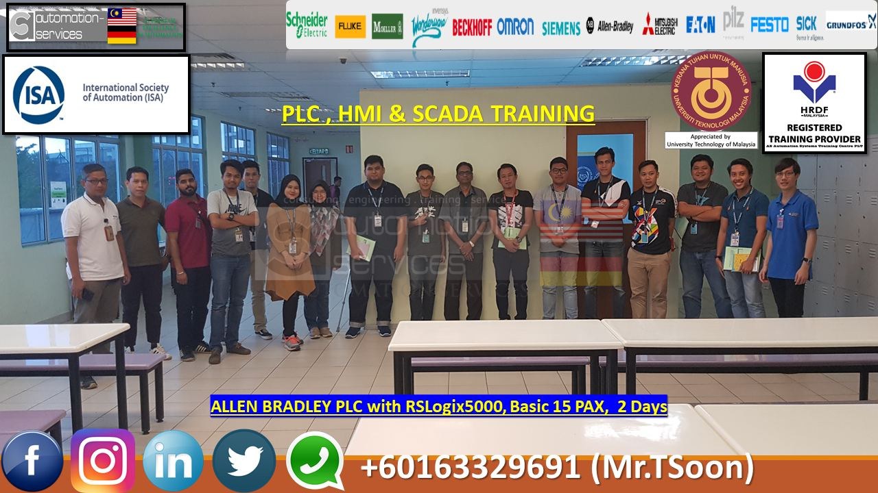 Allen Bradley RSLogix5000 with CompactLogix/ControlLogix PLC Hardware, Basic, 15 PAX for a company that Manufacture Electronics, electronic components, PCBs, PCB components, computer chips, ink cartridge. Kulai, Johor. Class was conducted on site at thei