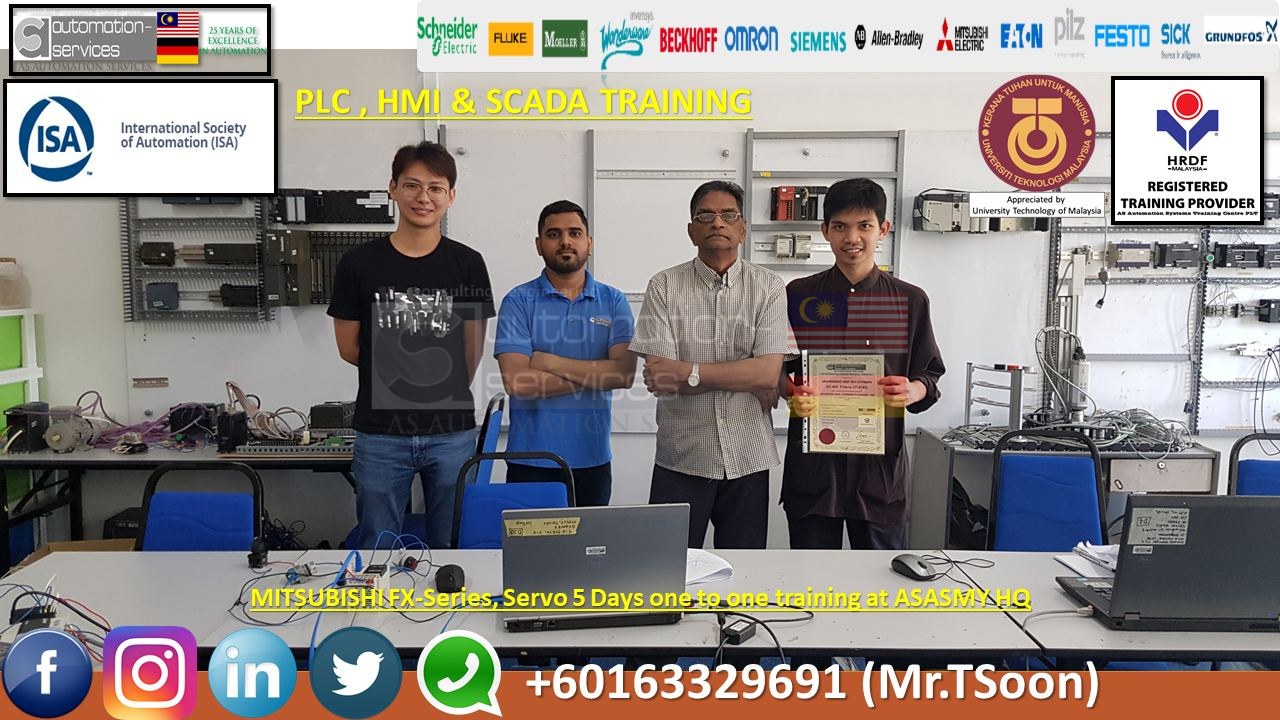 Mitsubishi FX Series PLC with Servo/Stepper Motor + HMI, Intermediate & Advance 1 PAX, 5 Days for company that manufacture and do assembly & test service for microelectronics & processors.
