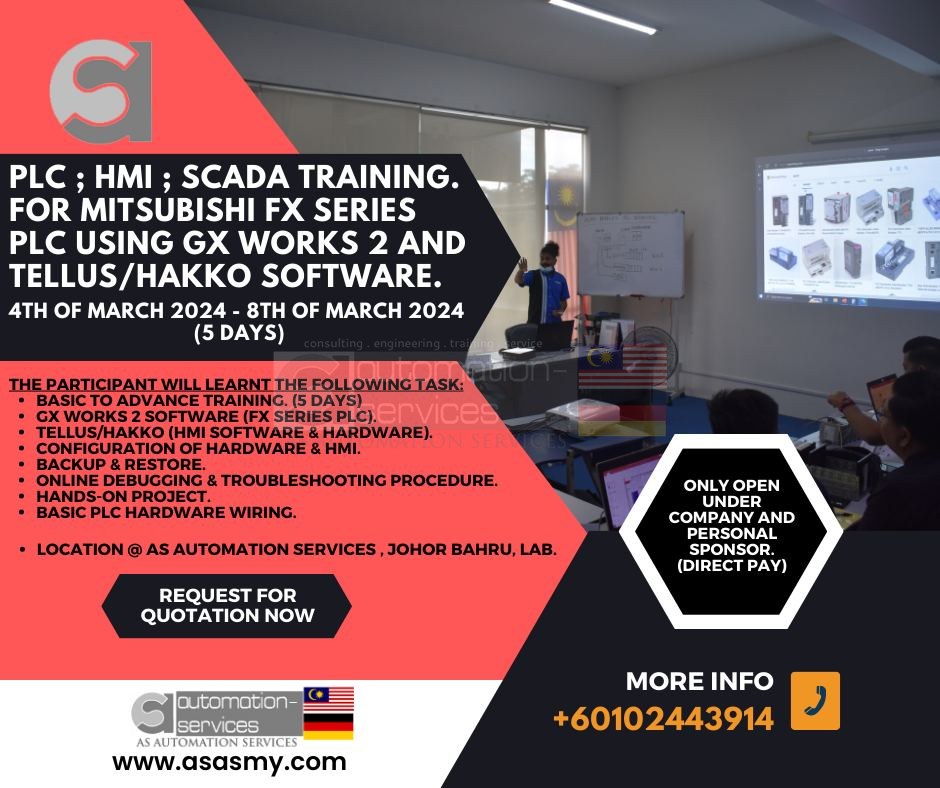 Mitsubishi FX series PLC using GX WORKS 2 and TELLUS/HAKKO Software, Basic to Advance in Johor Bahru , Malaysia for 5 Days.