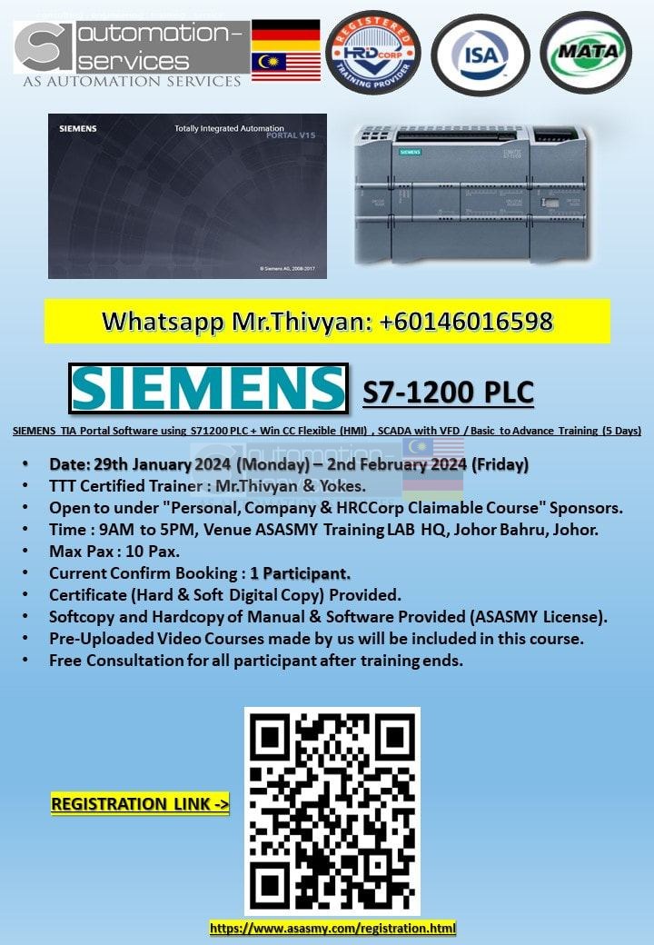 SIEMENS TIA Portal Software using S71200 PLC + Win CC Flexible (HMI) , SCADA with VFD, Basic to Advance Training (5 Days)