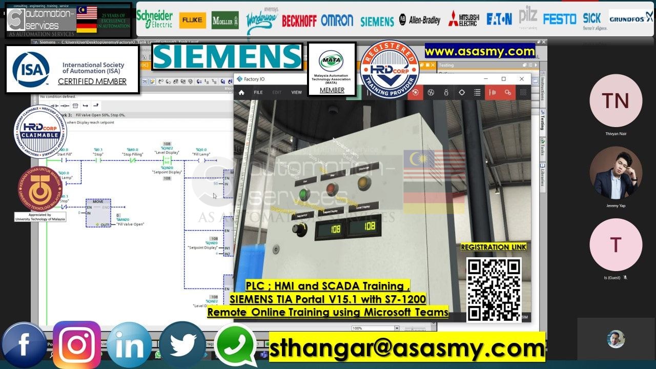 Siemens Tia Portal V15.1 & Factory IO Software with S7-1200 PLC , HMI & SCADA Basic to Advance , Remote Online Training, One-to-One , Microsoft Teams.