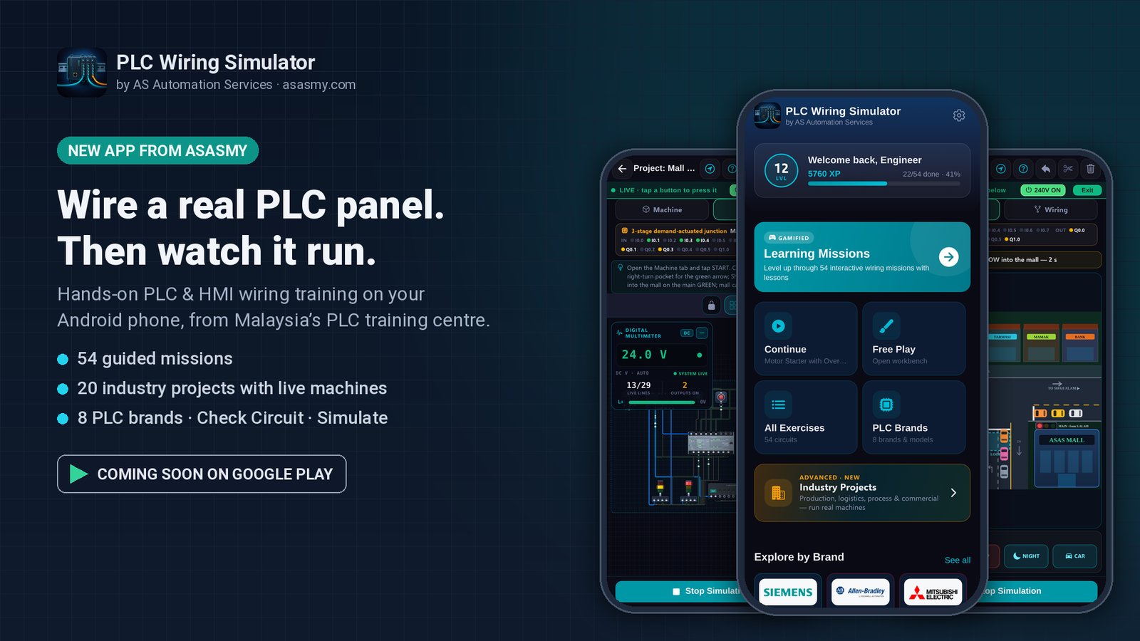App screenshot 1 — PLC Wiring Simulator wiring canvas with a PLC, push buttons and lamps