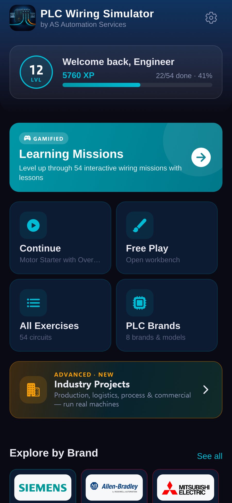 App screenshot 6 — PLC Wiring Simulator home dashboard